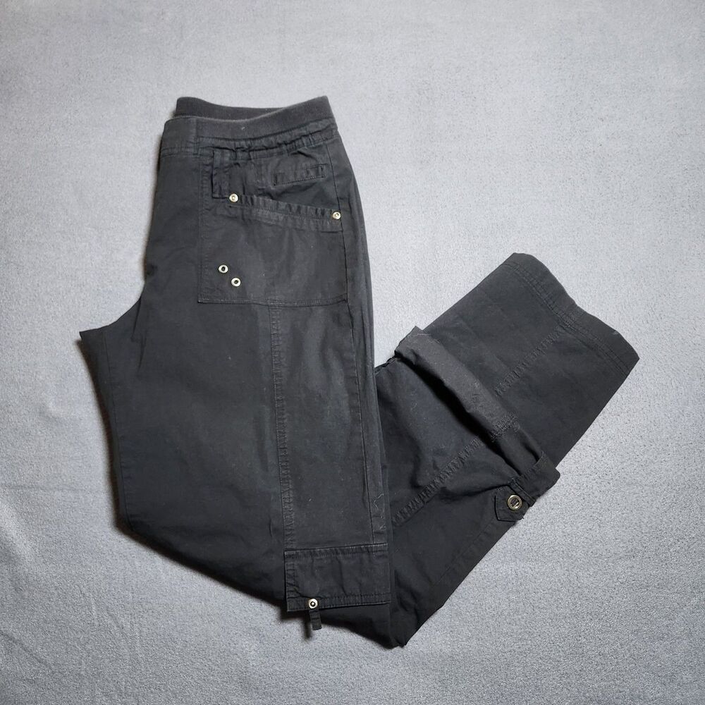 Chico's Hiking Pants Women 1 US 8 Black Mid Rise Straight Leg Roll Tab Cargo